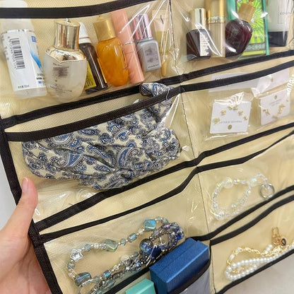 Hanging Jewelry Organizer Pockets Canvas Double Sided Rotating Hanger Necklace Hanging Wall Organizer Jewelry Roll for Earrings, Necklaces,Sunglasses,rings (Beige)