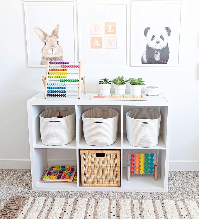Off-White Cotton Rope Baskets for Shelves, Set of 3-15"×10"×9½" - Woven Storage Baskets for Organizing - Closet, Nursery, Bedroom, Playroom - Toys, Books, Towels, Clothes