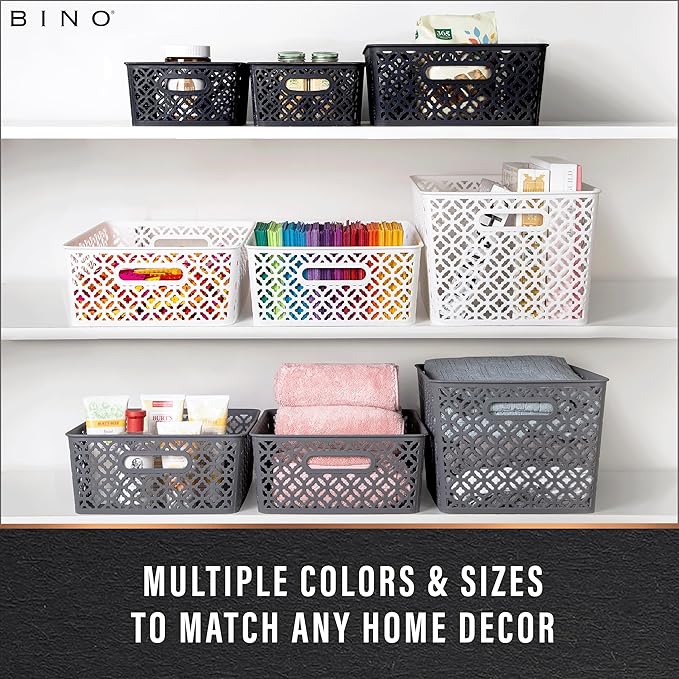 BINO l Plastic Storage Baskets, XLarge - Grey | THE BLOSSOM COLLECTION l Multi-Use Organizer Bin l Built-in Handles l Plastic Woven Basket for Organizing l Pantry & Home Organizing Basket