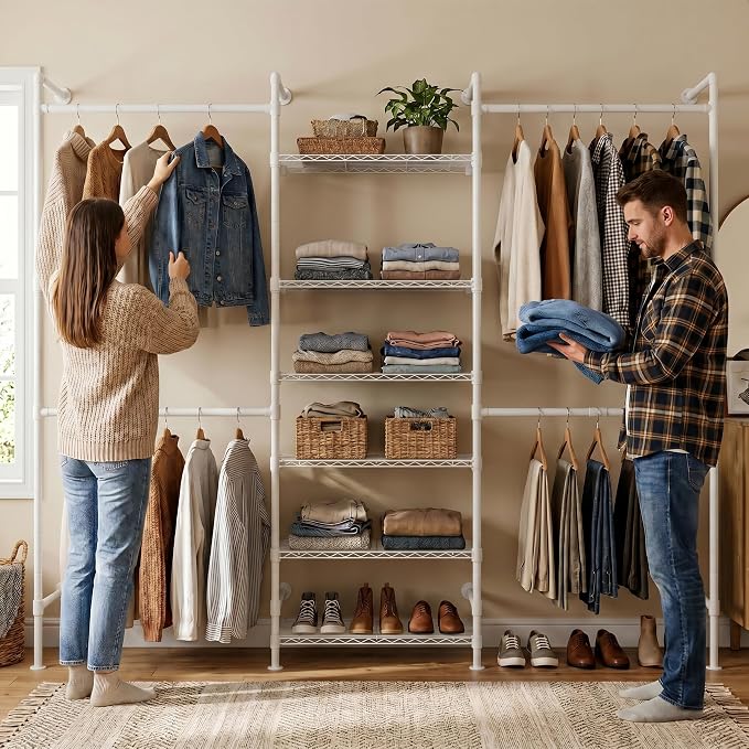 F3 Wall Mounted Closet System, Industrial Pipe Clothing Rack for Hanging Clothes, Heavy Duty Closet Organizer System, Clothes Racks with Shelves & Expandable Rod for Wardrobe, Corner, White