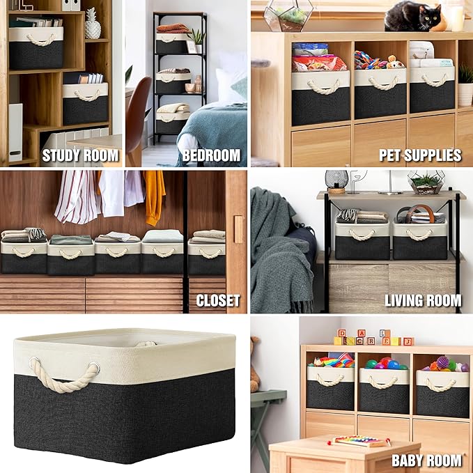 Simple Houseware 15.7" x 12" Wide & Low Fabric Storage Bin for Shallow Gaps and Closet, Braided Handles, 3 Pack, Black