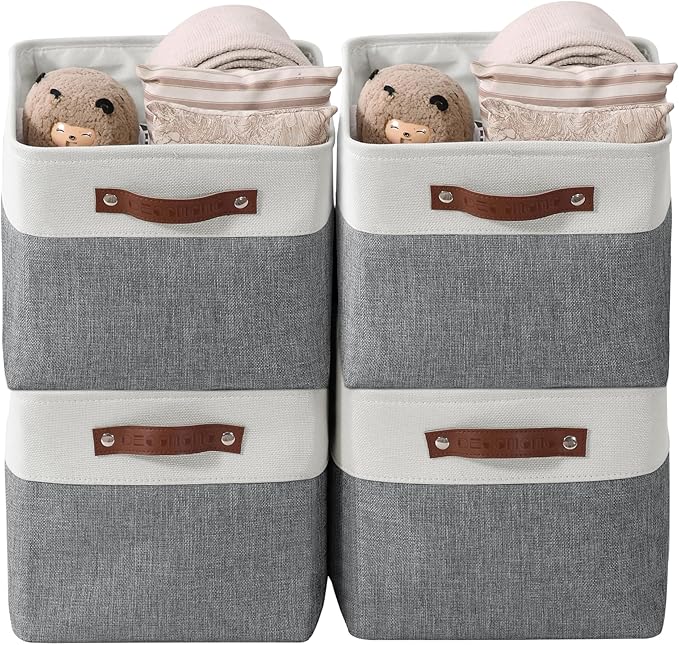 DECOMOMO Storage Bins, Large Fabric Storage Baskets for Shelves, Decorative Linen Closet Organizer, 15 x 11 x 9.5 inches (Slate Grey & White, 4 Pack)