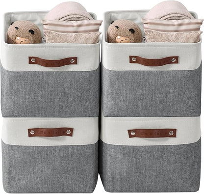 DECOMOMO Storage Bins, Large Fabric Storage Baskets for Shelves, Decorative Linen Closet Organizer, 15 x 11 x 9.5 inches (Slate Grey & White, 4 Pack)