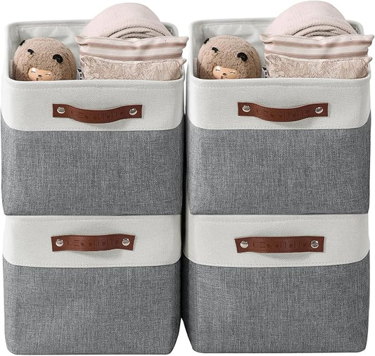 DECOMOMO Storage Bins, Large Fabric Storage Baskets for Shelves, Decorative Linen Closet Organizer, 15 x 11 x 9.5 inches (Slate Grey & White, 4 Pack)