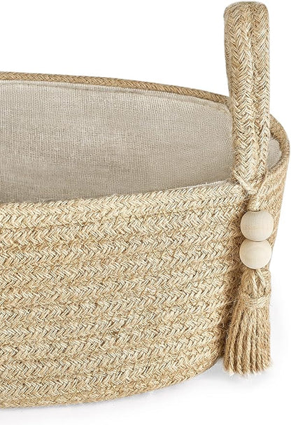 Mkono Small Storage Basket for Toilet Tank Top Boho Bathroom Decor Woven Rope Toilet Paper Tray Organizer for Shelf Bedroom Living Room, Jute, 1 Pack, 13" L x 6" W
