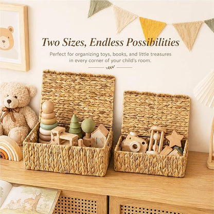 LUSYDECO Set of 2 Scalloped Edge Wicker Basket with Lids, Rectangle Wicker Storage Basket with Built-in Handles, Multipurpose Organizer Rattan Display Boxes for Shelf, Nursery Room