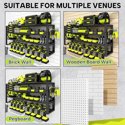 Large Power Tool Organizer Wall Mount with Charging Station, 8 Outlet Power Strip, 4 Layers 8 Drill Holder Heavy Duty Metal Tool Storage Loads 420lbs with Screwdriver Holder, Utility Racks for Garage