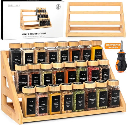 EDELHAUS 3 Tier Bamboo Spice Rack Organizer for Cabinet – Fits 24 Spice Jars, 17.5” Wide Countertop & Cabinet Organizer for Kitchen Organization, Seasoning Organizer Shelf (Jars Not Included)