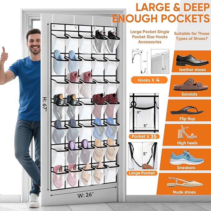 35 Over the Door Shoe Organizer Large Mesh Pocket Hanging Shoe Rack for Closet Nonslip Behind Door Storage Holder Back to School Organizer for Mesh Closet Dorm Room College Classroom Storage