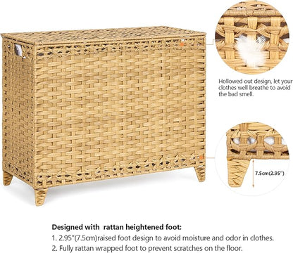 Laundry Hamper with 4 Removable Liner Bags; 176L Handwoven Rattan Laundry Basket with Lid & Heightened Feet; Clothes Hamper with Side Handles
