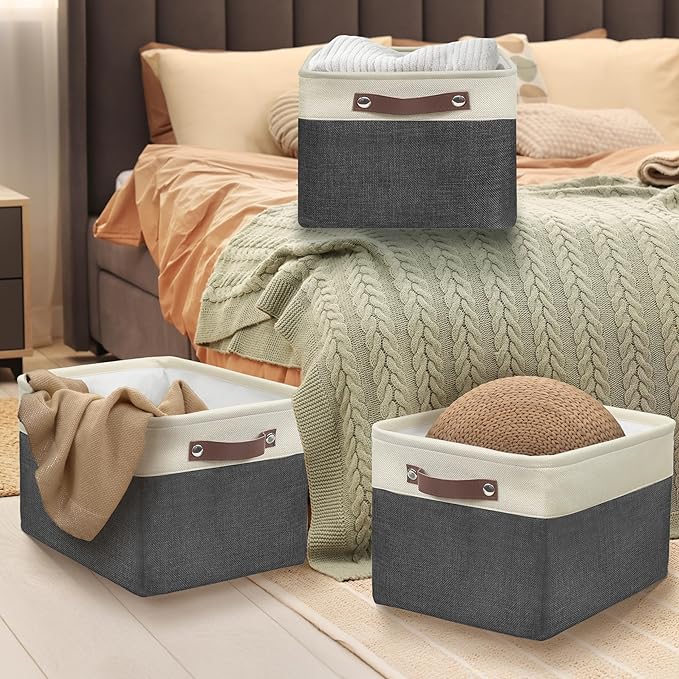 Simple Houseware 15" x 11" Large Fabric Storage Bin for Closet and Shelves, Leather Like Handles, 3 Pack, Dark Gray