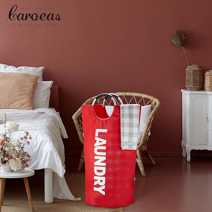 Caroeas 100L Laundry Basket,Large Laundry Hamper, Laundry Bag with Padded Handles, Clothes Hamper Stands Up Well, Collapsible Free Standing Easy Storage Washing Bin (Red,100L)