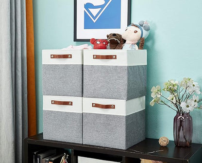 DECOMOMO Fabric Cube Storage Bins - Storage Baskets for Shelves, Cube Storage Organizer for Kallax and Cubbies (Grey & White, 13 inch Cube) - 4 Pack