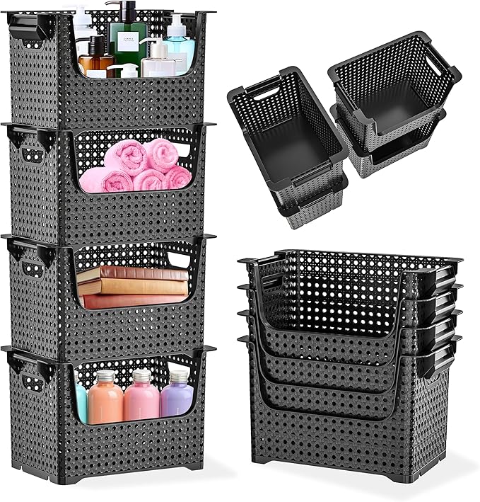 TidyFriend 4 Pk Large Stackable Storage Bins Open Front for Pantry Organizers and Storage, Pantry Storage for Food, Kitchen and Home Organization, Plastic Storage Bins, Dorm Room Essentials (Black)