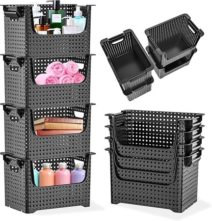 TidyFriend 4 Pk Large Stackable Storage Bins Open Front for Pantry Organizers and Storage, Pantry Storage for Food, Kitchen and Home Organization, Plastic Storage Bins, Dorm Room Essentials (Black)