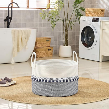 KAKAMAY Cotton Rope Storage Basket (20"x13"),Woven Hamper for Blankets,Toys,Pillows,Clothes,Laundry,Sturdy Handles Decorative Basket for Living Room, Bedroom,Nursery(Blue Printing)