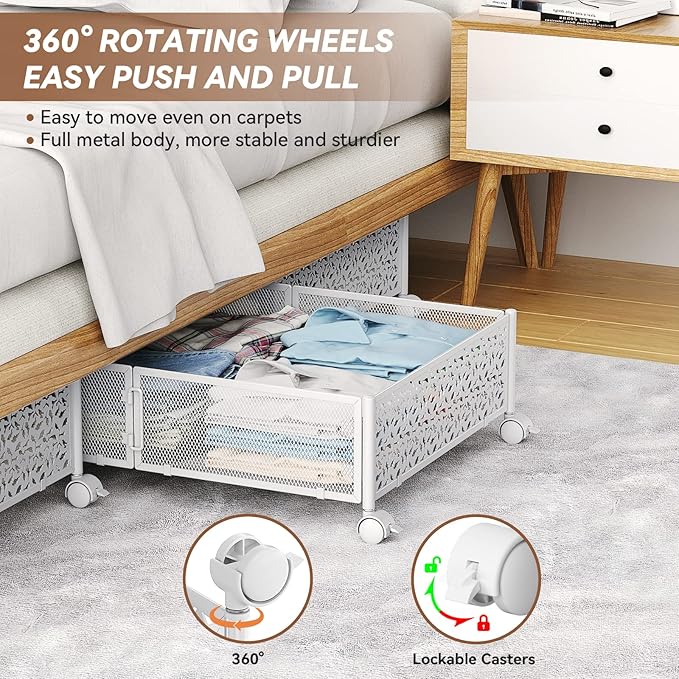 PHINOX Under Bed Storage, Under the Bed Storage Containers with Wheels, Under Bed Shoe Storage Organizer Drawer for Bedroom Clothes Shoes Blankets -4Pack