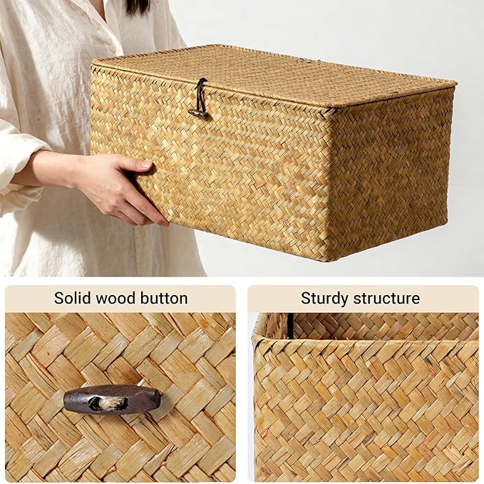 Nonam Seagrass Storage Large Basket with Lid,Wicker Basket Storage Bin with Lid for Shelves,Boho Decor,Handwoven Shelf Basket for Organizing-Storage Container Box for Home Organization-Natural