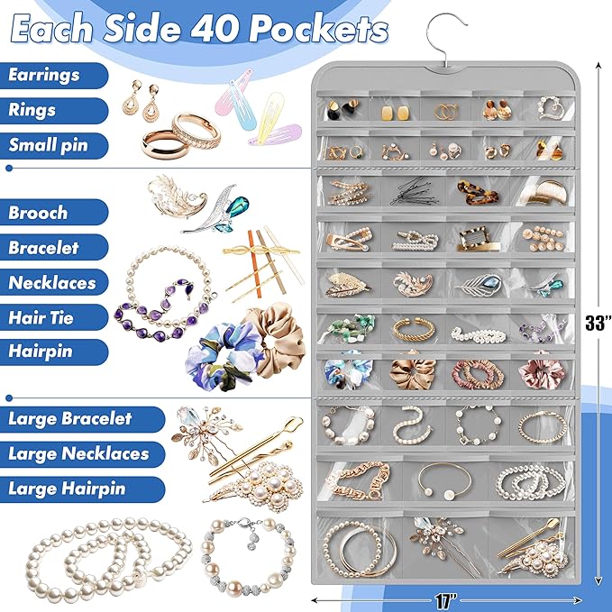 Simple Houseware 2-Pack Hanging Jewelry Storage Organizer, 80-Pocket with 5 Sizes for All Types of Accessories, Gray