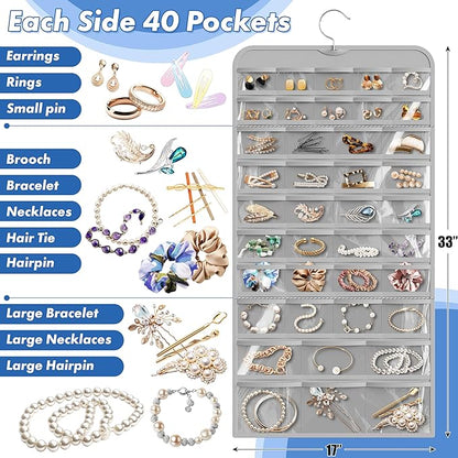 Simple Houseware 2-Pack Hanging Jewelry Storage Organizer, 80-Pocket with 5 Sizes for All Types of Accessories, Gray