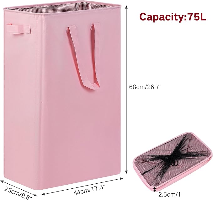 efluky Slim Laundry Basket, Narrow Laundry Hamper with Handles, Collapsible Dirty Clothes Hamper, Tall Laundry Bin for Laundry Room, Dorm and Bedroom, 19.8 Gallon (75L) Pink