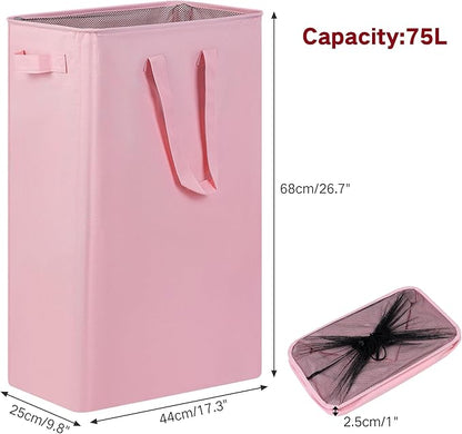 efluky Slim Laundry Basket, Narrow Laundry Hamper with Handles, Collapsible Dirty Clothes Hamper, Tall Laundry Bin for Laundry Room, Dorm and Bedroom, 19.8 Gallon (75L) Pink