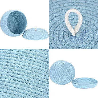 Sea Team Round Cotton Rope Storage Basket with Lid, Decorative Woven Storage Bin, Pot, Caddy, Organizer, Container for Snacks, Towels, Plants, 13 x 9 Inches (Large, Blue)