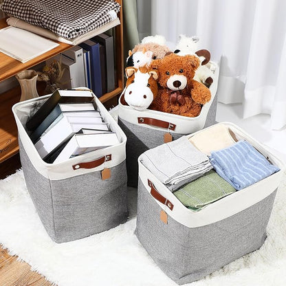 Uiifan 10 Pcs Collapsible Storage Bins Fabric Foldable Storage Basket with Handles Cloth Organizer Linen Shelf Baskets for Shelves Home Closet Nursery Toys(17 x 15 x 12 Inch,Gray and White)
