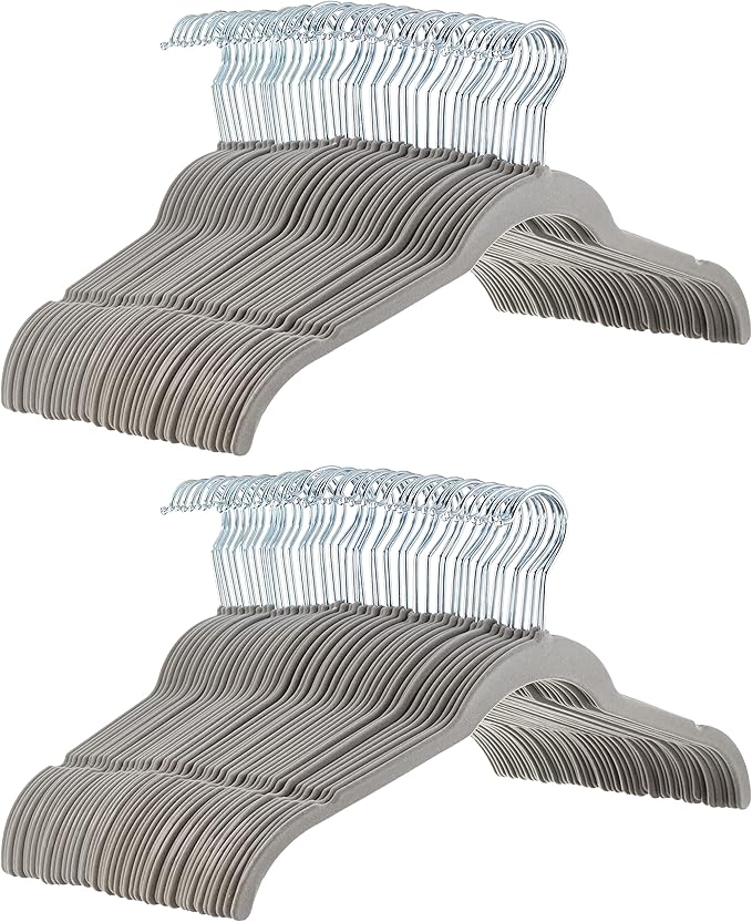 Amazon Basics Space Saving Slim Velvet Non-Slip Clothes Hangers, Sturdy, Gray/Silver, 100-Pack
