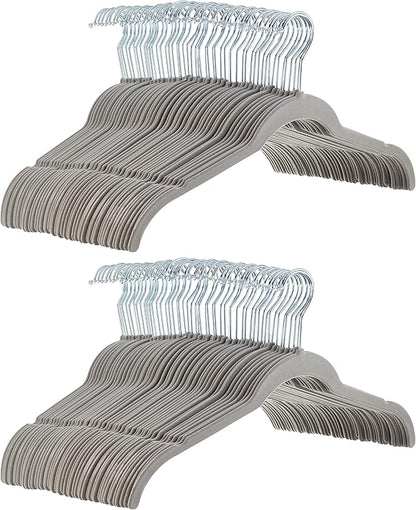 Amazon Basics Space Saving Slim Velvet Non-Slip Clothes Hangers, Sturdy, Gray/Silver, 100-Pack