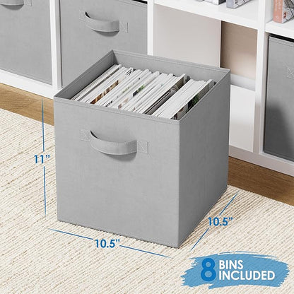 Storage Cubes Pack Of 8 - Standard Size Cube Storage Bin 10.5x10.5x11 With Dual Handles For Easy Carrying- Fabric Storage Bins Collapsible (Light Grey)