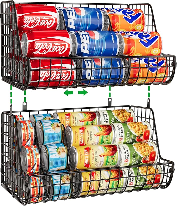 2-Tier Stackable Can Organizer for Pantry Shelves, 2 Pack Soda Can Organizer with 4 Adjustable Dividers, Kitchen Can Storage Organizer, Wire Drink Organizer, Metal Can Dispenser for Cabinets Shelf
