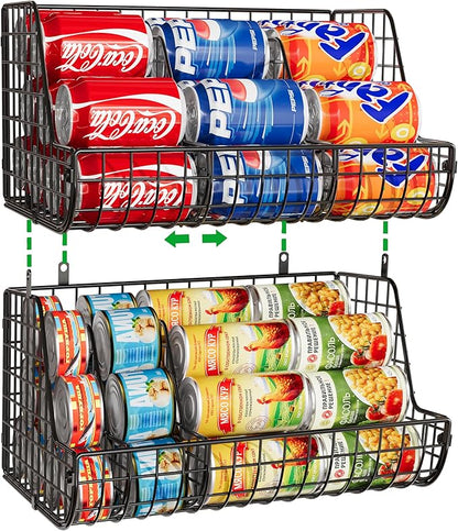 2-Tier Stackable Can Organizer for Pantry Shelves, 2 Pack Soda Can Organizer with 4 Adjustable Dividers, Kitchen Can Storage Organizer, Wire Drink Organizer, Metal Can Dispenser for Cabinets Shelf