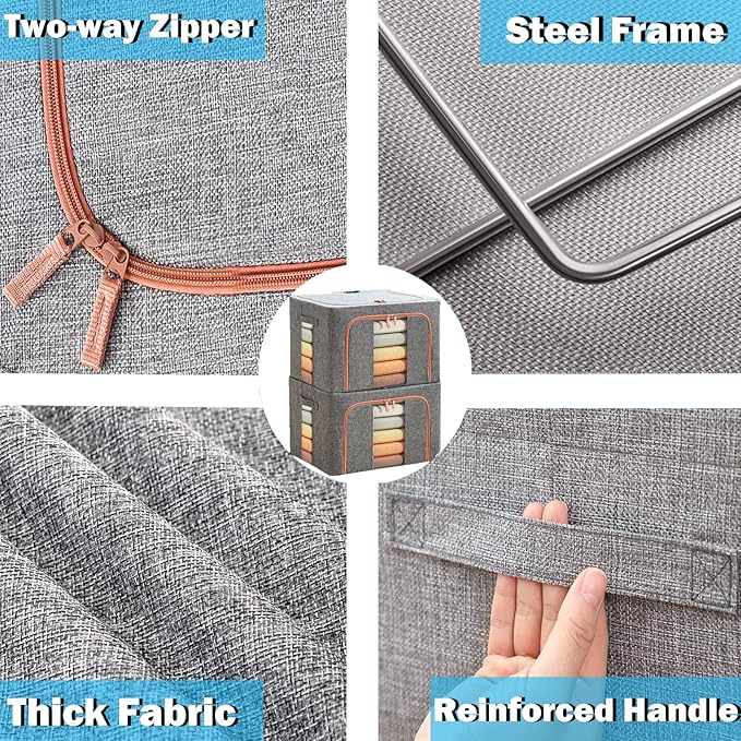 Linen Clothes Storage Bags, Sturdy Closet Organizers and Storage Bin with Hold Shape Metal Frame, 2 Opening Ways Fabric Visible Lidded Storage Box for Organizing Clothing,Bedding (2 Pack, 24L)