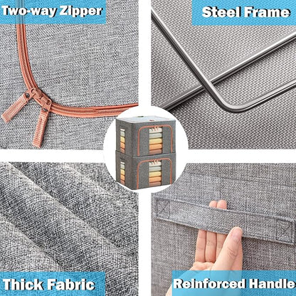 Linen Clothes Storage Bags, Sturdy Closet Organizers and Storage Bin with Hold Shape Metal Frame, 2 Opening Ways Fabric Visible Lidded Storage Box for Organizing Clothing,Bedding (2 Pack, 24L)