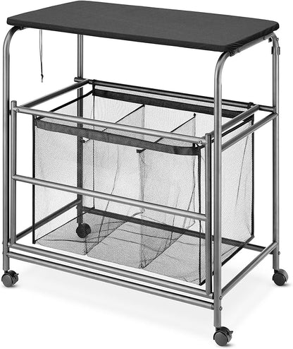 Whitmor Triple Laundry Sorter with Ironing & Folding Table - Rolling Laundry Sorter with Ironing Table - Gunmetal