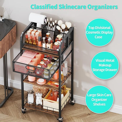 HapiRm Makeup Organizer Storage Cart - 4 Tier Skincare Make Up Storage with Drawer, Rolling Makeup Cart Vanity Organizer Cosmetics Display Cases Holder for Skin Care Perfume Nail Polish Brush