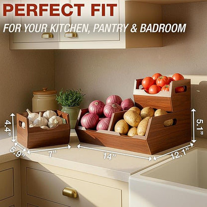 HOMESTEAD Stackable Solid Wood Storage Bins for Kitchen Pantry & Countertop, Ventilated Potato and Onion Basket Organizer with Handles, Wooden Produce Storage Containers, 3-Pack, Chestnut Finish
