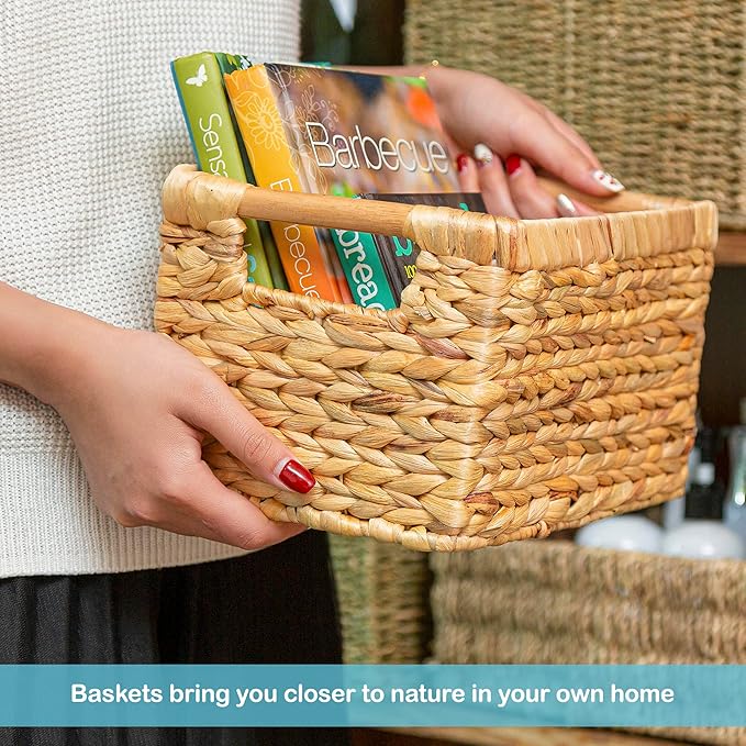 Small Wicker Baskets for Organizing Bathroom, Hyacinth Baskets for Storage, Wicker Storage Basket with Wooden Handle, Decorative Small Basket 10 x 7.5 x 6.3 inches - 3 Pack