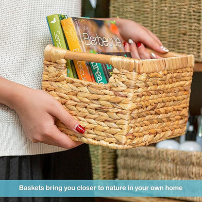 Small Wicker Baskets for Organizing Bathroom, Hyacinth Baskets for Storage, Wicker Storage Basket with Wooden Handle, Decorative Small Basket 10 x 7.5 x 6.3 inches - 3 Pack