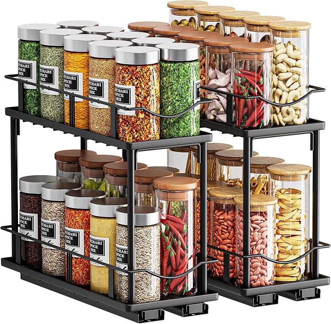 2 Packs Pull Out Spice Rack Organizer for Cabinet, 2-Tier Slide Out Seasoning Organizer, Narrow Cabinet Spice Rack, 10.7" Dx4.8 Wx8.85 H, Full Extension Ball Bearing Glides, Kitchen Pantry Organizer