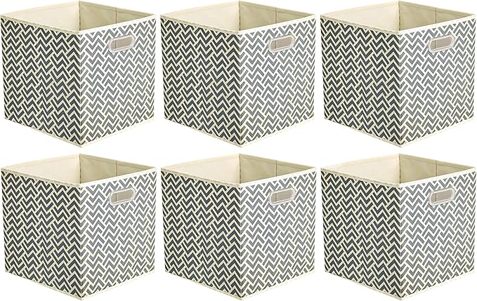 Amazon Basics Collapsible Storage Bins with Handle, Space-Saving, Breathable Cube Organizer, 10.5" x 10.5" x 11", Chevron Grey, 6-Pack