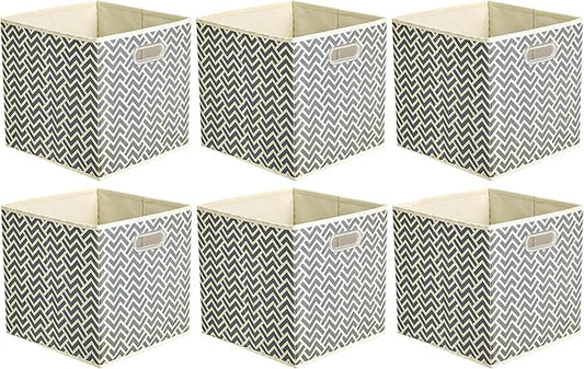 Amazon Basics Collapsible Storage Bins with Handle, Space-Saving, Breathable Cube Organizer, 10.5" x 10.5" x 11", Chevron Grey, 6-Pack