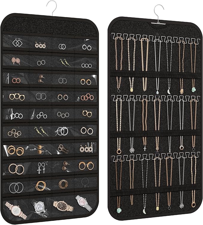 Hanging Jewelry Organizer Storage, 40 Pockets 36 Hooks Necklace Earring Necklace Bracelet Ring Organizer, Double - Sided Design, Black