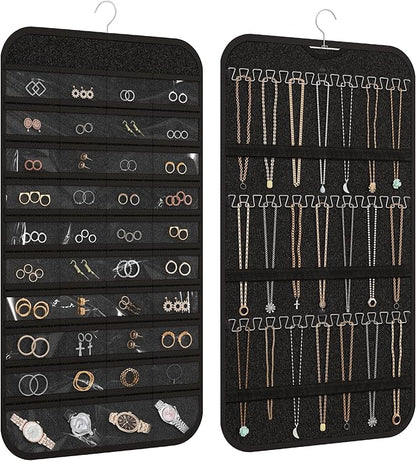 Hanging Jewelry Organizer Storage, 40 Pockets 36 Hooks Necklace Earring Necklace Bracelet Ring Organizer, Double - Sided Design, Black