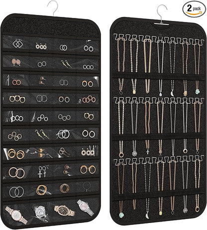 2-Pack Hanging Jewelry Organizer Storage, 40 Pockets 36 Hooks Necklace Earring Necklace Bracelet Ring Organizer, Double - Sided Design, Black