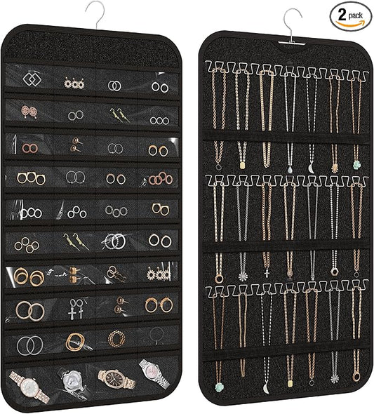 2-Pack Hanging Jewelry Organizer Storage, 40 Pockets 36 Hooks Necklace Earring Necklace Bracelet Ring Organizer, Double - Sided Design, Black