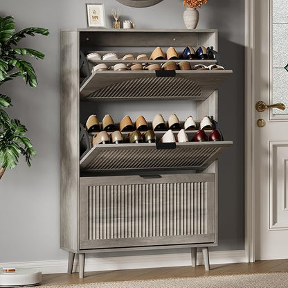 Xixini Shoe Storage Cabinet with 3 Flip Drawers, 50" Tall Narrow Wood Fluted Shoe Organizer for Entryway, Freestanding Wooden Hidden Slim Shoe Rack for Front Door Entrance, Hallway, Foyer, Light Grey