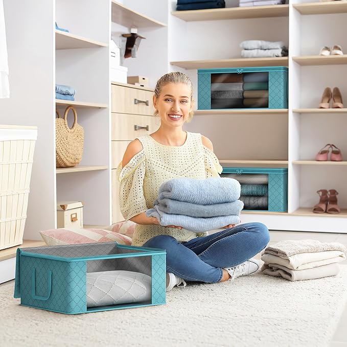 Sorbus Medium Clothes Storage Bags - Foldable Blanket Storage Bins for Organizing Bedroom, Closet, Clothing, Comforter, Organization with Clear Window, Lids and Carry Handles - Set of 8