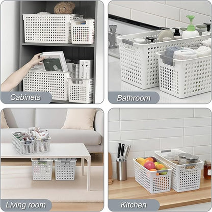 Soddeph Slim Plastic Storage Basket with Handles, Narrow Organizer box for Shelves, Organizer box for Organizing, Kitchen,Home,Office (White, Medium)